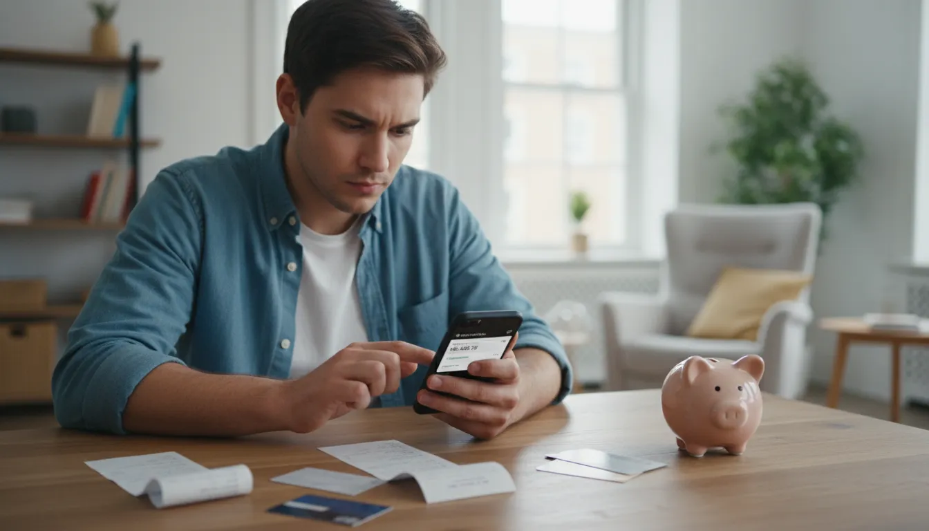 Pessoa usando aplicativo de finanças pessoais em ambiente doméstico enquanto revisa gastos.