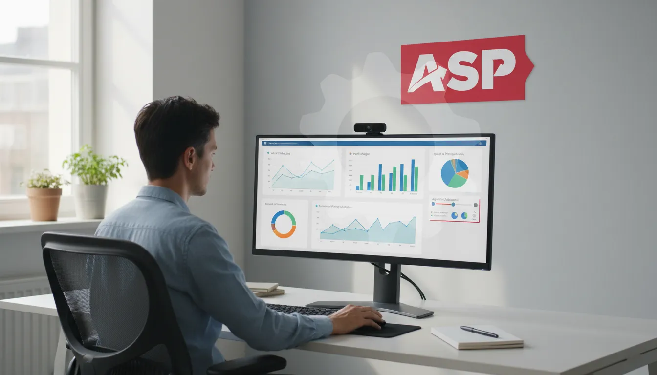 Pessoa trabalhando em escritório com dashboard mostrando margens de lucro e estratégias automatizadas de precificação, otimizando o markup.