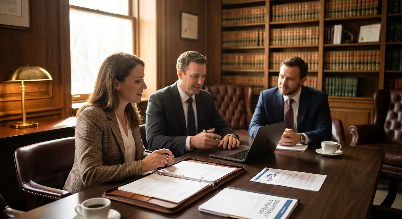 Profissionais de advocacia empresarial discutindo estratégias de análise de risco