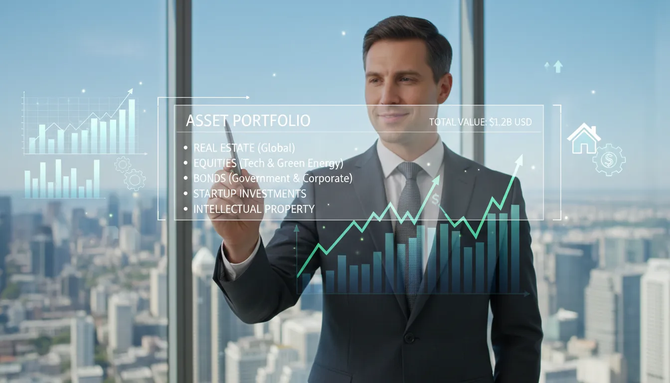 Empresário analisando ativos patrimoniais, com gráficos e ícones de propriedades ao fundo de janela com vista urbana