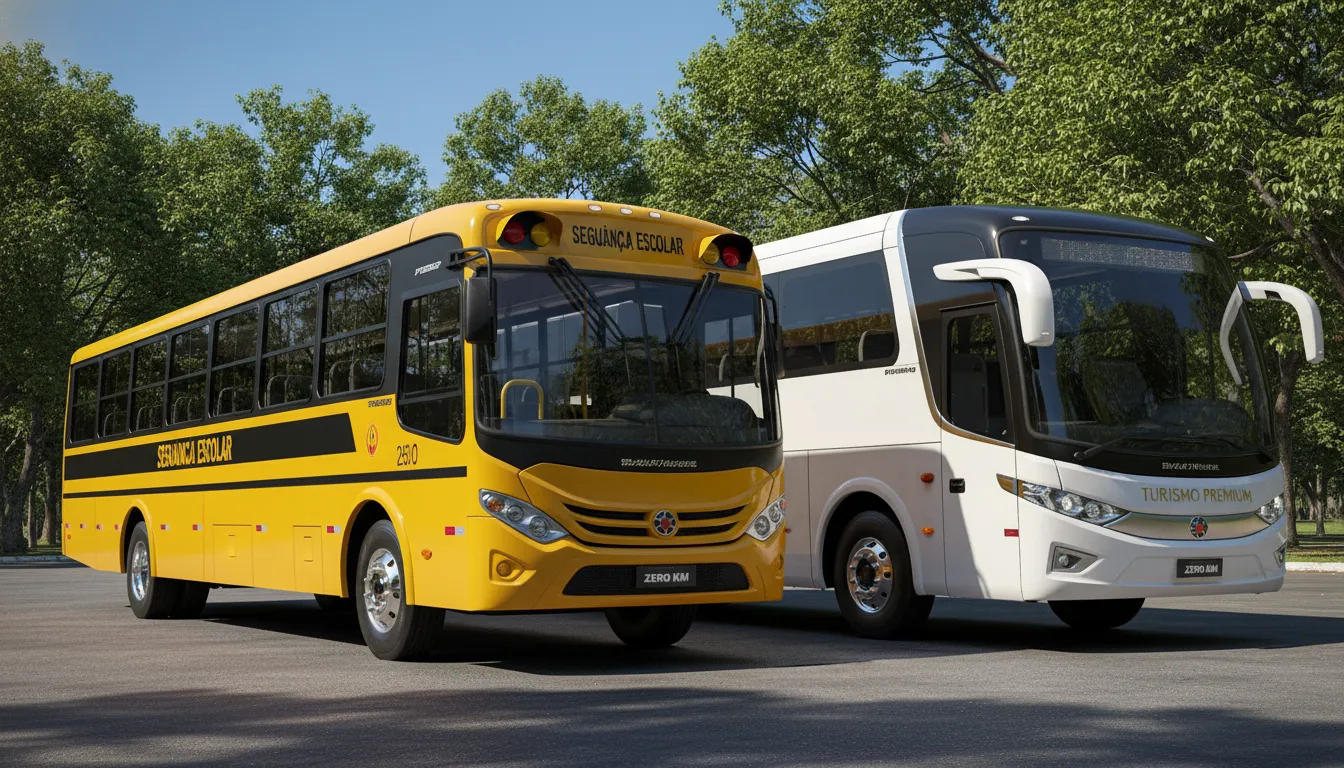 Ônibus escolar e turístico novos, estacionados e prontos para uso, representando aquisição financiada.