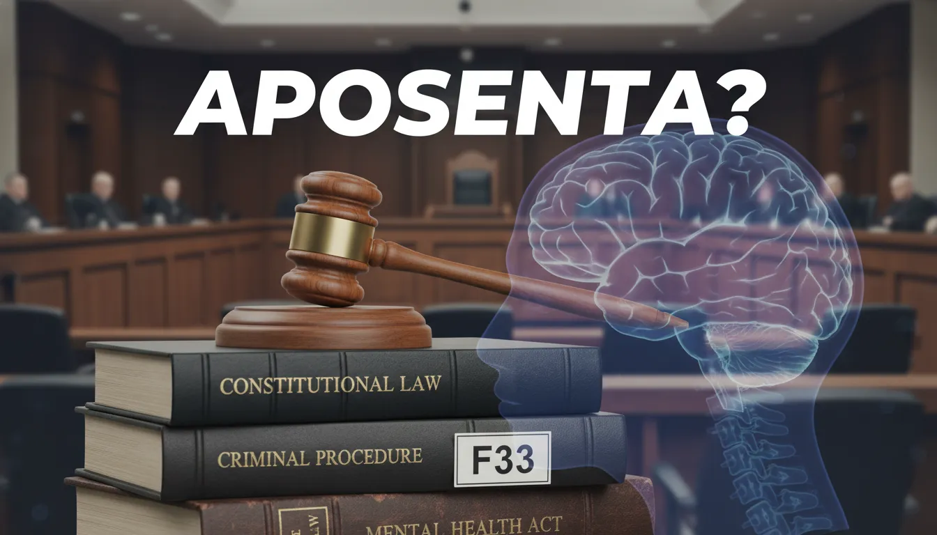 Um martelo de juiz sobre livros de direito, com uma ressonância do cérebro ao fundo, representando a interseção entre lei e saúde mental e a possibilidade de aposentadoria.