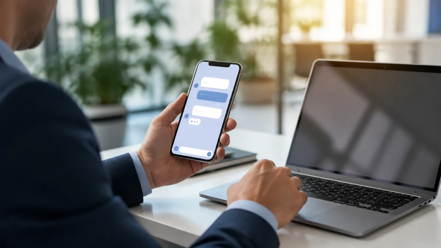 Profissional utilizando automação de IA vendas leads em smartphone corporativo moderno.