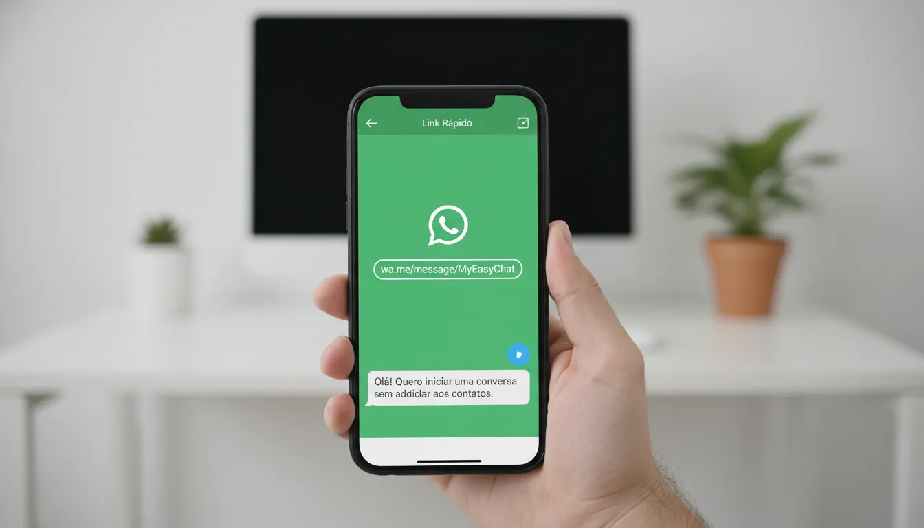 Pessoa segura smartphone exibindo tela com link de conversa do WhatsApp sem contato salvo.
