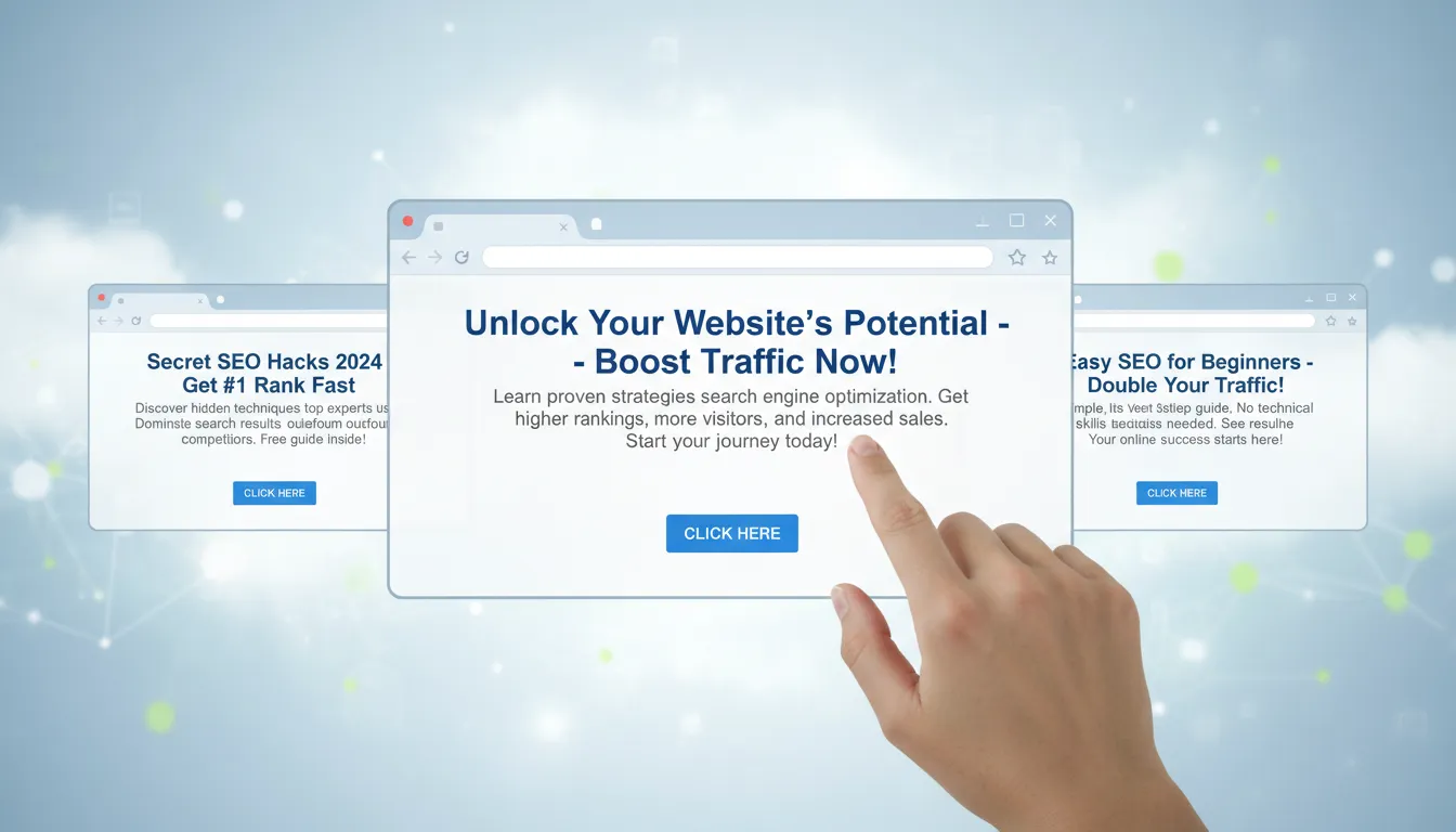 Como Escrever Título e Meta Description que Clicam no Google 2 Janelas de navegador com meta titles chamativos e mãos de usuário prestes a clicar.