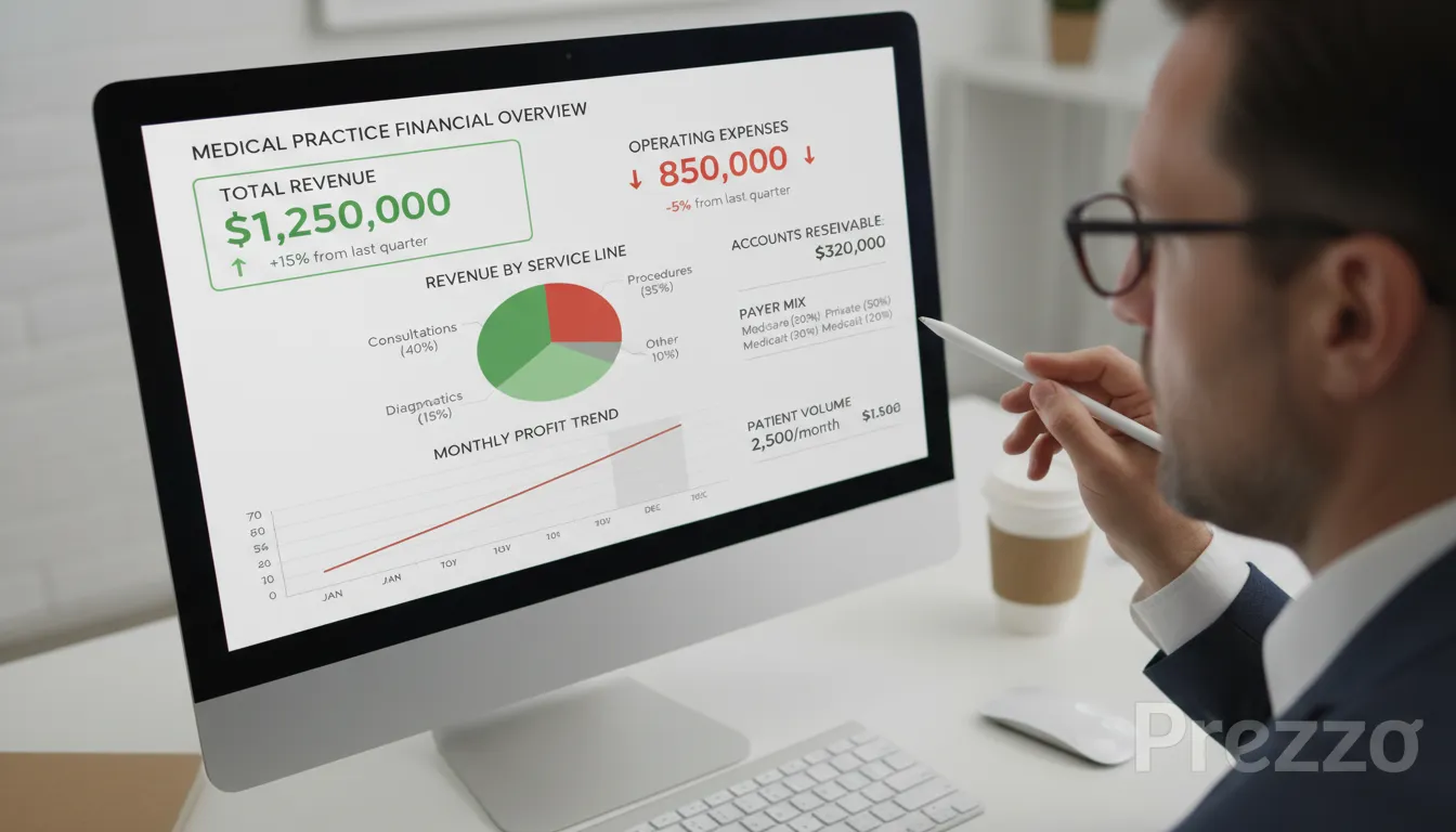 Um painel financeiro detalhado em uma tela de computador, analisado por um contador, destacando métricas importantes para a saúde financeira de uma clínica médica, representando a contabilidade para médicos no Rio de Janeiro.