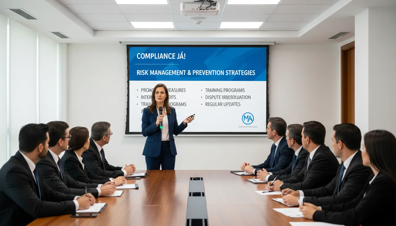 Advogado apresentando estratégias de prevenção de riscos e compliance trabalhista para empresários. Marquesini Advocacia: sua parceira em Bauru e região.
