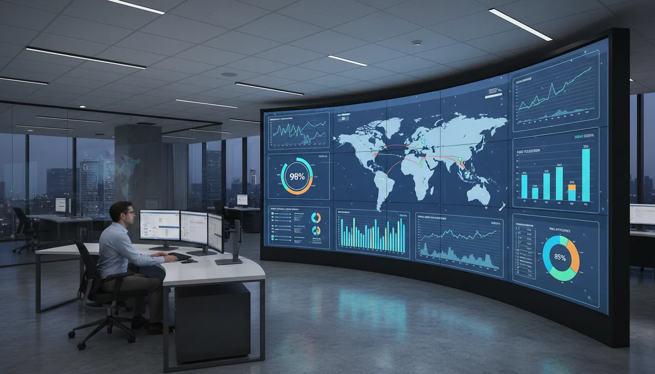 Operador monitorando painéis digitais de telemetria e logística de frotas em ambiente corporativo.