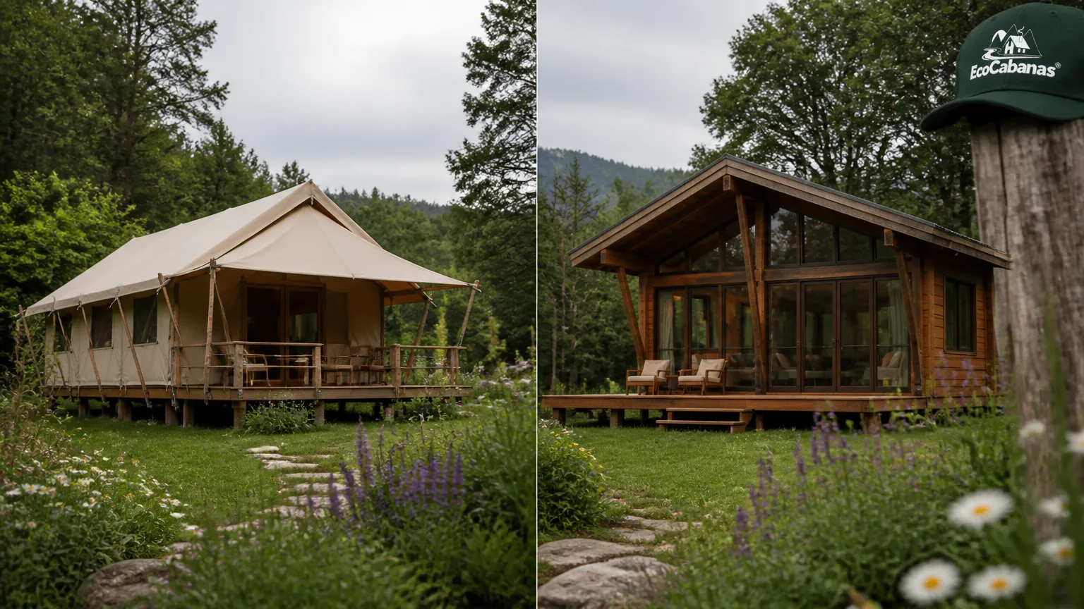 Comparativo entre cabanas glamping de estrutura fixa e modelo reversível sustentável.