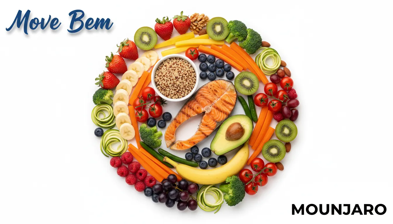 Visão geral de alimentos saudáveis, incluindo frutas, vegetais e proteínas magras, dispostos de forma atraente. A imagem demonstra que o mounjaro emagrece mesmo quando combinado com hábitos alimentares saudáveis.