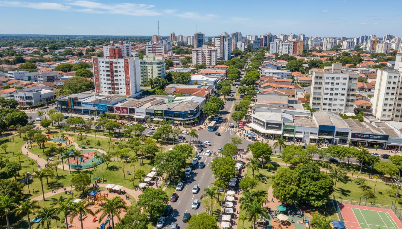 Vista aérea de um bairro vibrante em Londrina com parques e comércio.