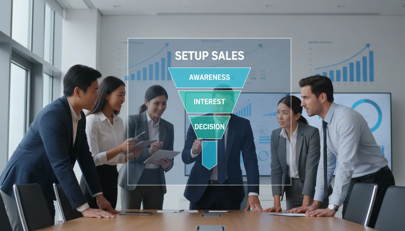 Equipe de negócios analisando um funil de vendas em uma tela, com o logo da Setup Sales, focando na otimização do processo de vendas.