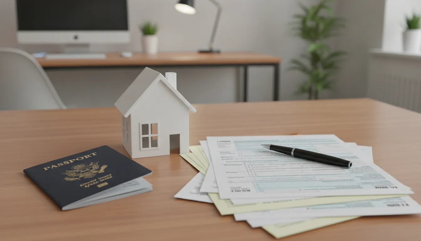 Passaporte estrangeiro, formulários impostos airbnb host, casa miniatura em mesa de escritório.