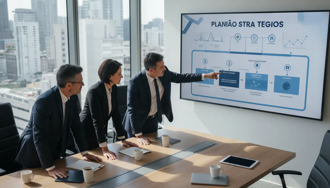 Grupo de executivos em reunião estratégica, planejando o futuro e a utilização de crédito estruturado empresarial para metas de longo prazo.