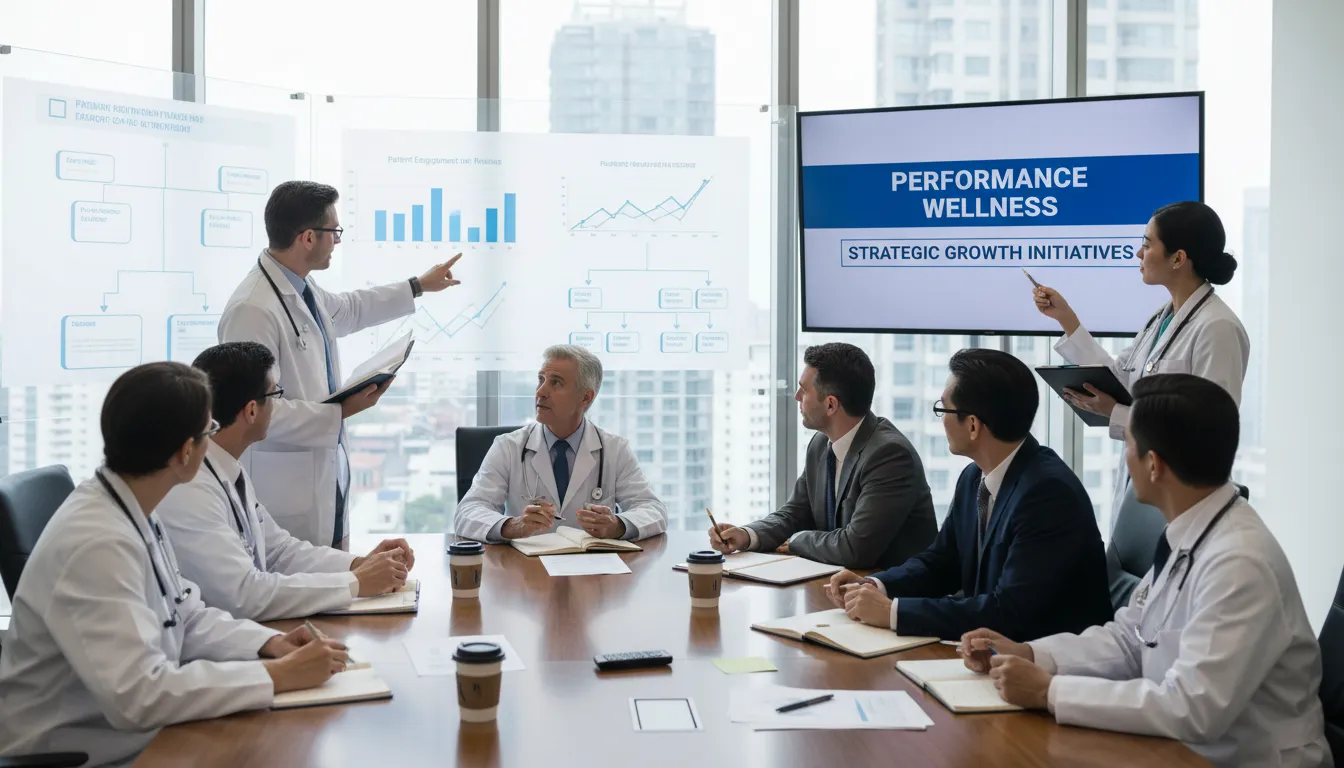 Profissionais de saúde em reunião estratégica sobre marketing.