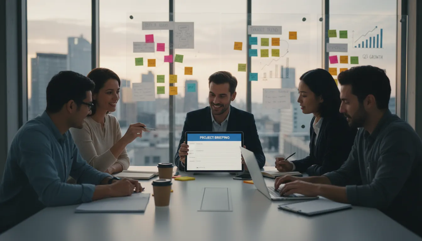 Modelo de Briefing para Criação de Site Institucional em 2026 1 Equipe colaborando em escritório ao preencher briefing digital para desenvolvimento de um site institucional.