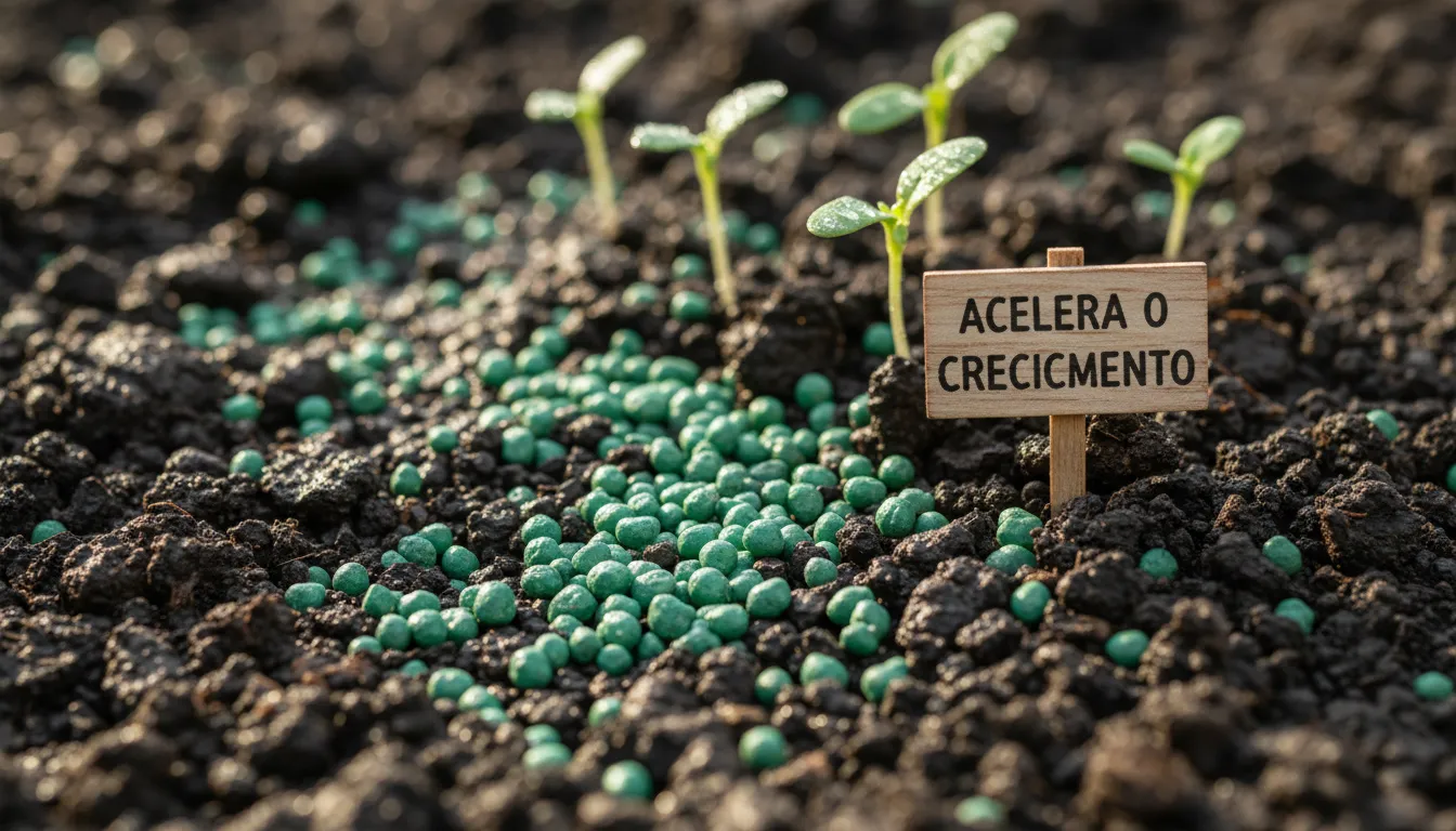 Detalhe de fertilizante verde sobre solo fértil e mudas crescendo ao fundo.