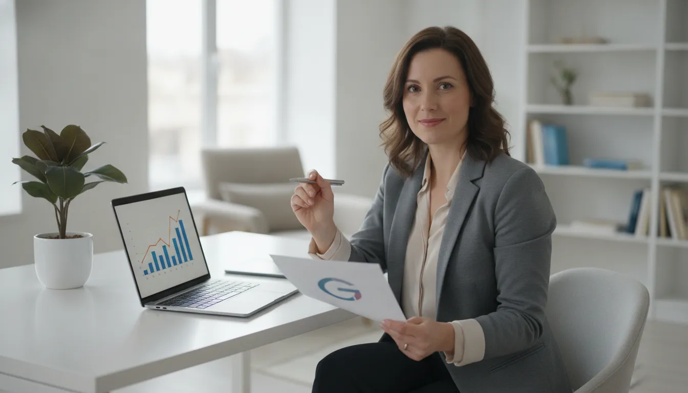 Empreendedora confiante gerencia finanças, simplificando lucro presumido ou simples nacional com apoio contábil.