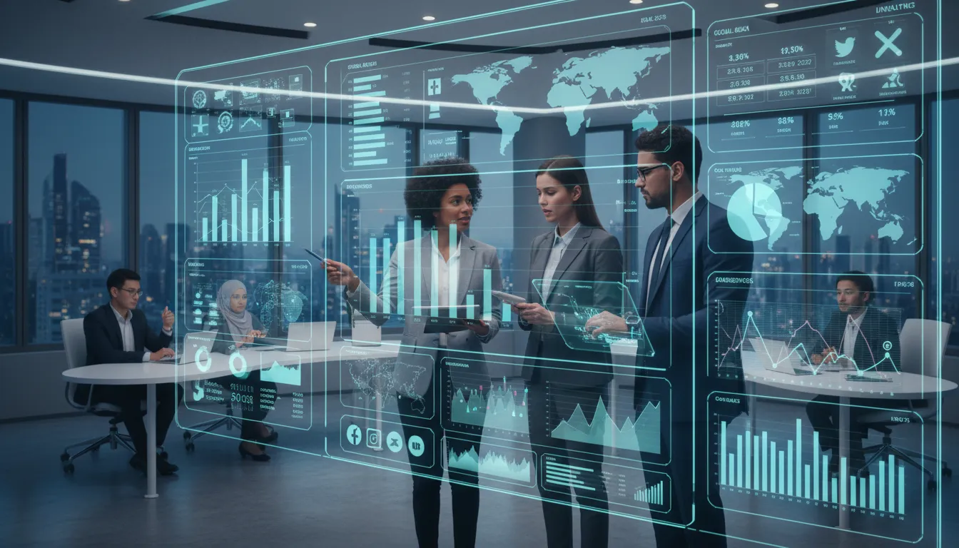 Equipe analisando dados de engajamento em tempo real de várias redes sociais em dashboard digital