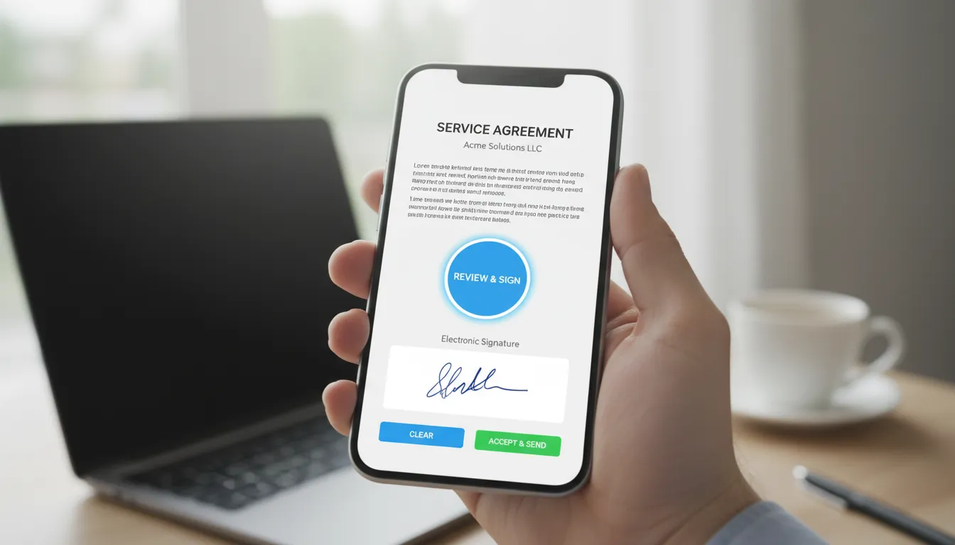 Assinatura eletrônica de contrato intermitente via smartphone demonstrando praticidade e facilidade.