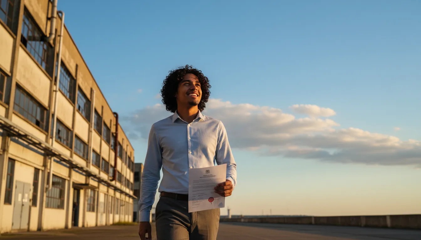 Um funcionário sorridente e aliviado se afasta da empresa com um documento, simbolizando o sucesso de sua rescisão indireta e direitos recebidos.