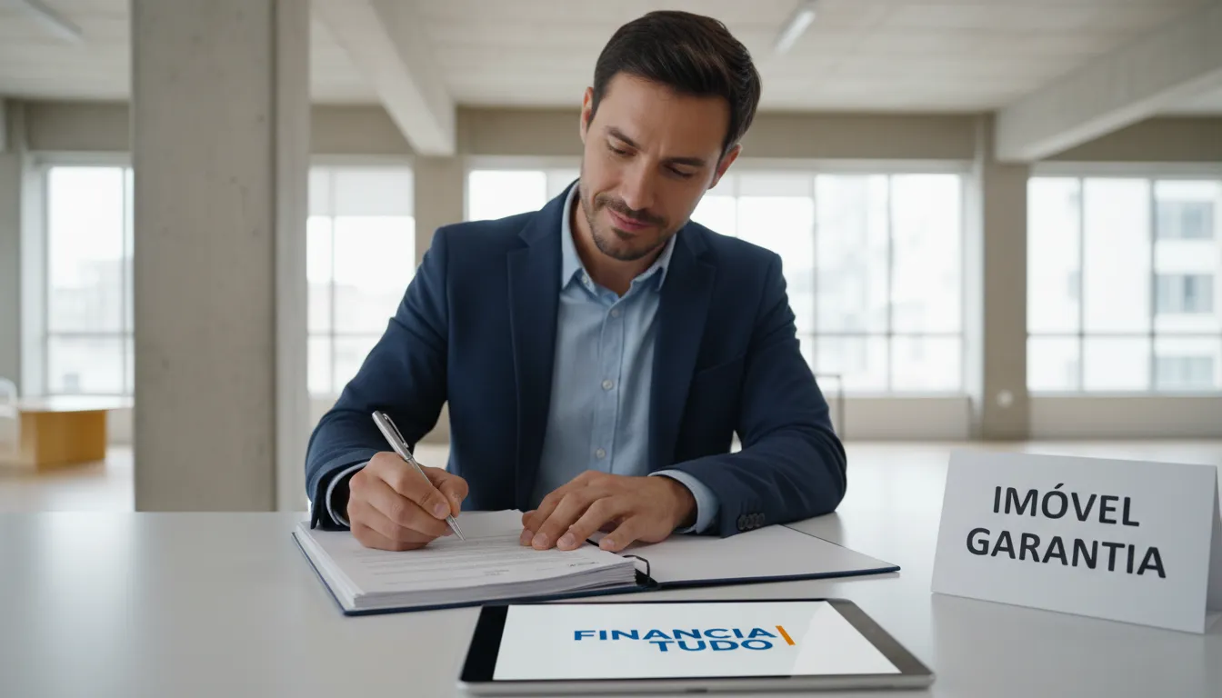 Profissional assinando contrato de empréstimo com imóvel em garantia em escritório moderno, transmitindo confiança e solidez da Financia Tudo.