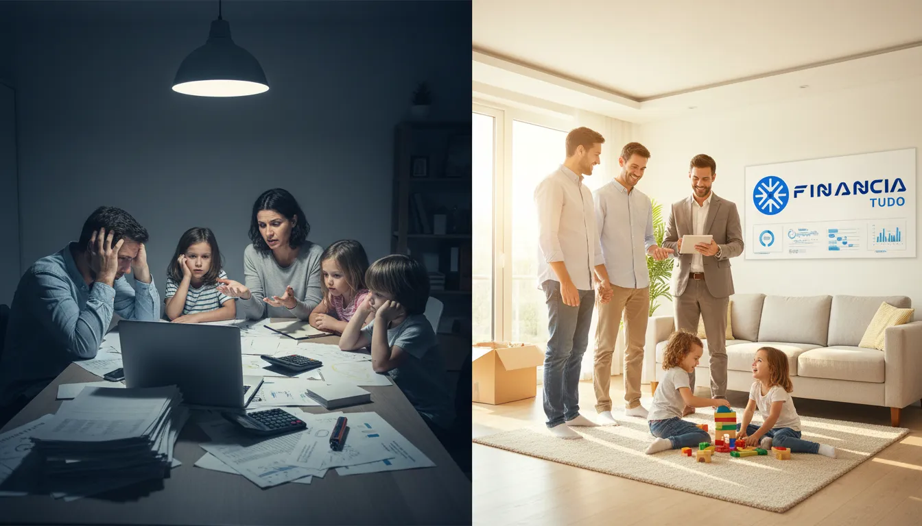 Comparativo visual entre financiamento tradicional e home equity facilitado pela Financia Tudo, mostrando cenários distintos.