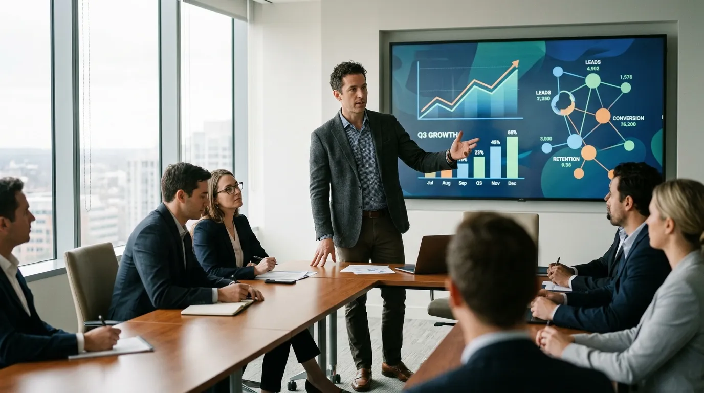 Apresentação corporativa de métricas demonstrando o que é um funil de vendas de alta conversão.