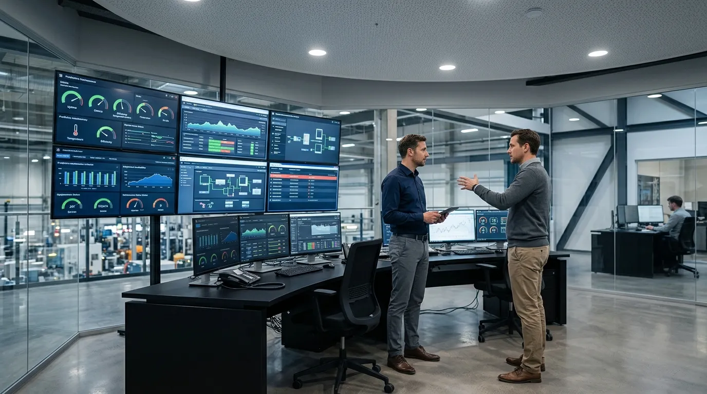 Sala de controle operando gráficos de manutenção baseada em condição para otimizar disponibilidade dos ativos.