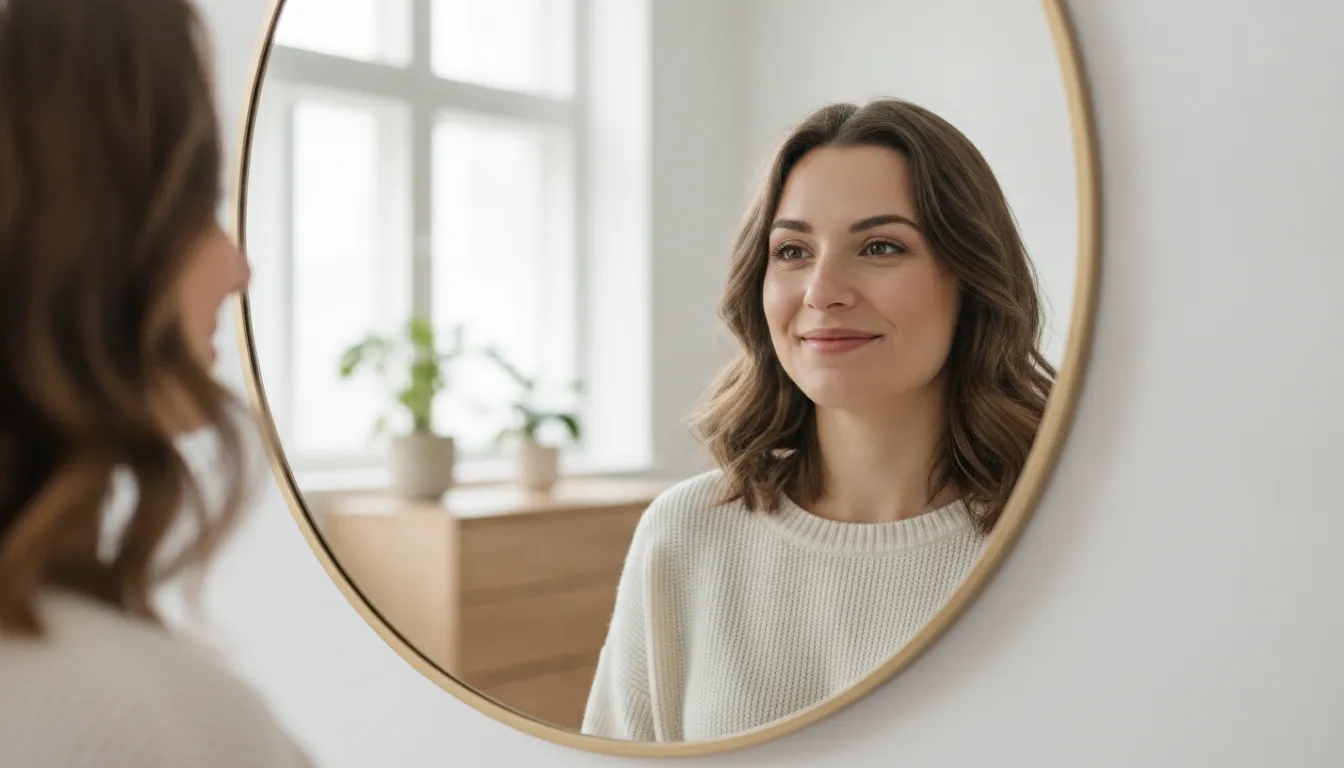 Mulher olha reflexo espelho, vê autoaceitação e felicidade, superando necessidade de aprovação com terapia.