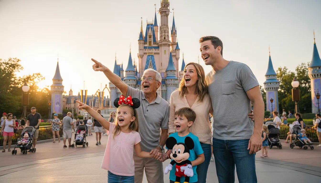 Família sorridente curtindo momento mágico no Castelo da Cinderela Disney.
