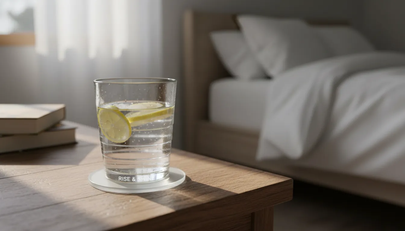 Copo de água com limão ao lado da cama ao amanhecer, transmitindo frescor e vitalidade.