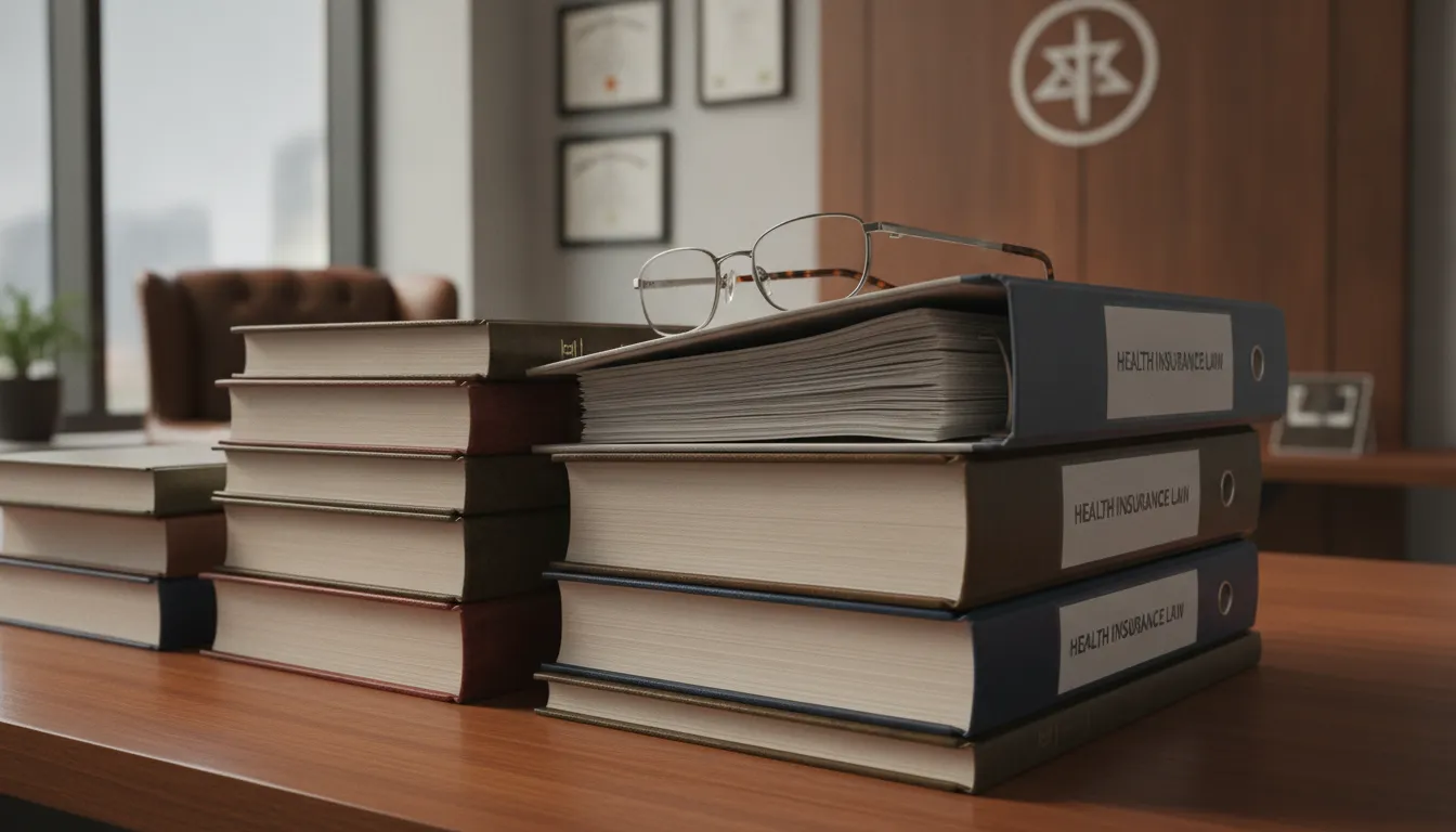 Advogado em Votuporanga com livros e documentos jurídicos sobre ação contra plano de saúde.