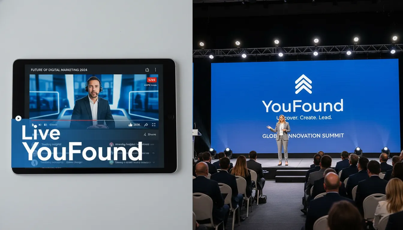 Tela dividida mostrando transmissão ao vivo no YouTube e palestrante em evento corporativo, demonstrando autoridade da marca YouFound.