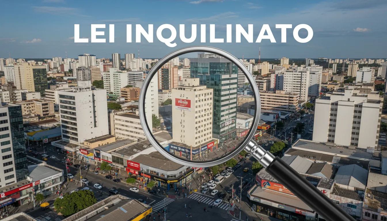 Visão aérea de um distrito comercial em Bauru com lupa destacando um prédio, representando a análise da lei do inquilinato antes de alugar.
