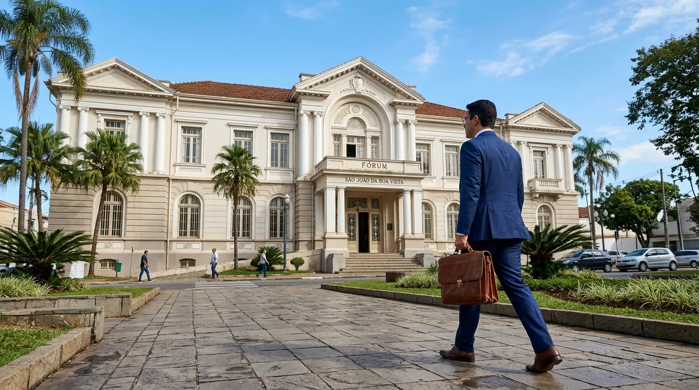 Fachada de tribunal simbolizando ação contra plano de saúde com advogado em São João da Boa Vista.