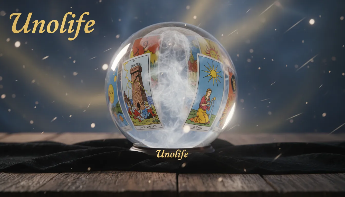 Uma cena mística com uma bola de cristal refletindo cartas de tarot como 'A Torre' e 'A Estrela', representando as revelações e insights que uma tiragem de tarot online pode oferecer através da Unolife.