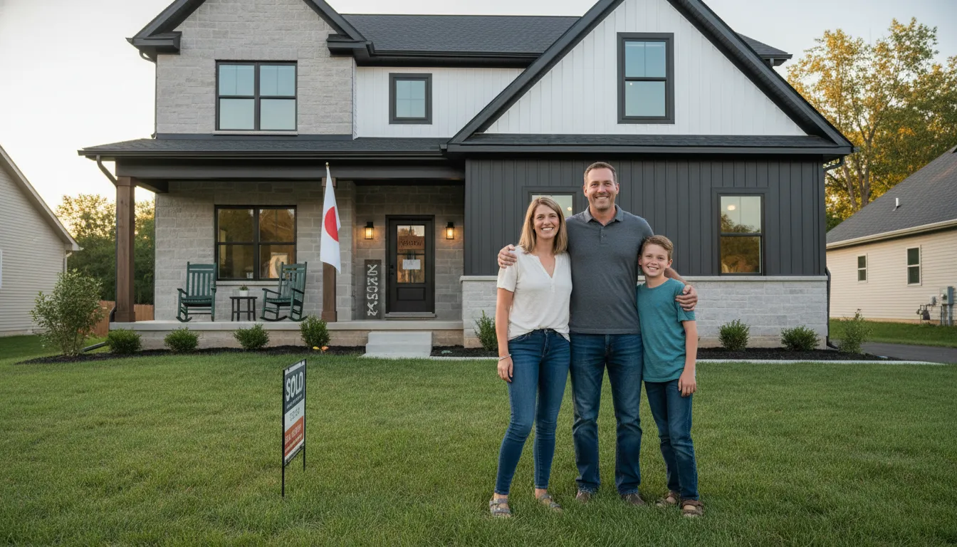 Família sorrindo em frente a uma casa recém-construída com uma placa de 'Vendido'. Conquiste seu financiamento de imóveis comerciais e residenciais.