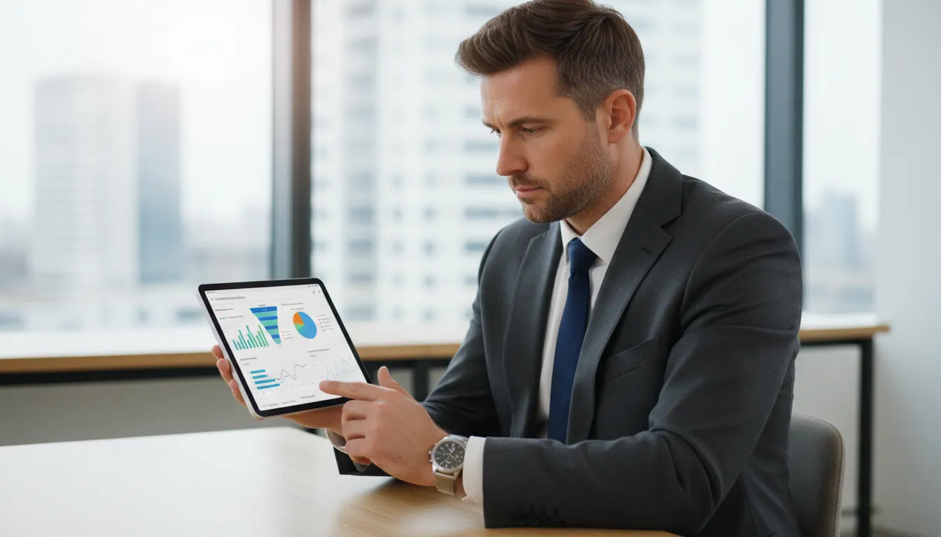 Primeiro plano de um proprietário de agência analisando KPIs em ferramenta de CRM, evidenciando a importância dos dados para a tomada de decisão.