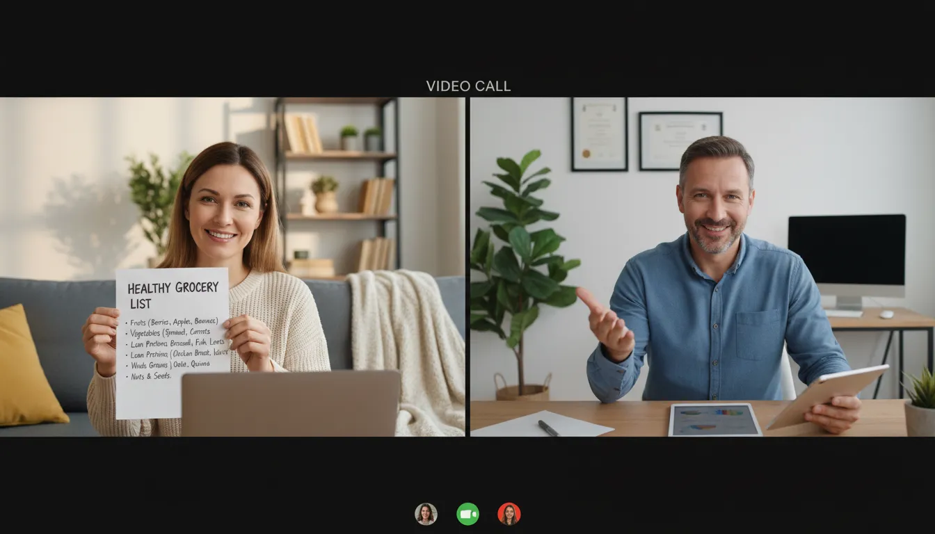 Paciente exibe compras saudáveis durante consulta online com nutricionista em videochamada.