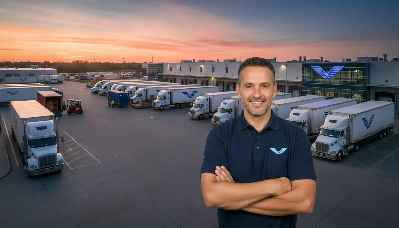 Empresário observa frota de caminhões em operação no pátio, resultado do refinanciamento caminhão empresa bem-sucedido.