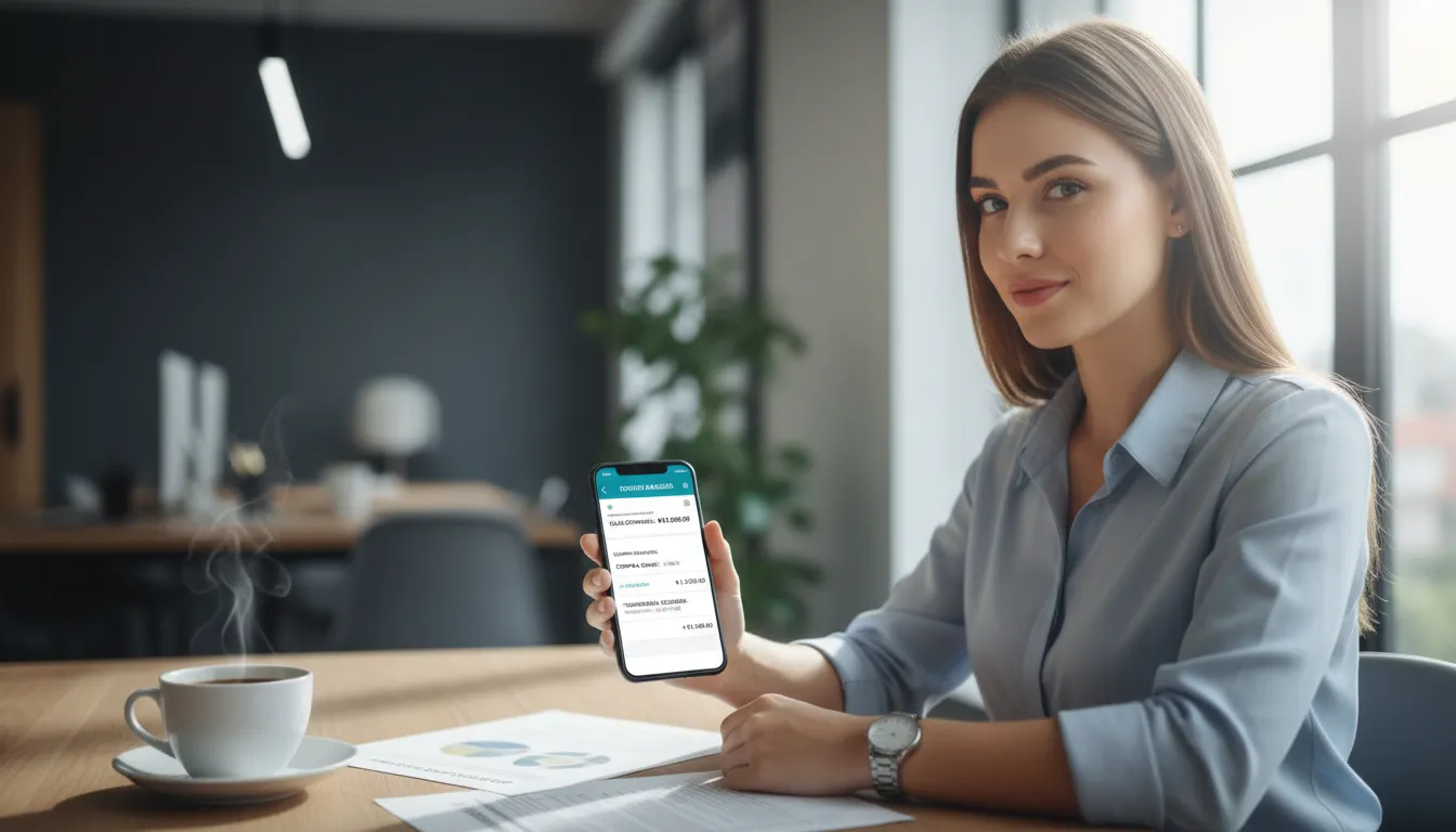 Pessoa analisando extrato no celular e documentos para controlar custos e calcular reserva de emergência.