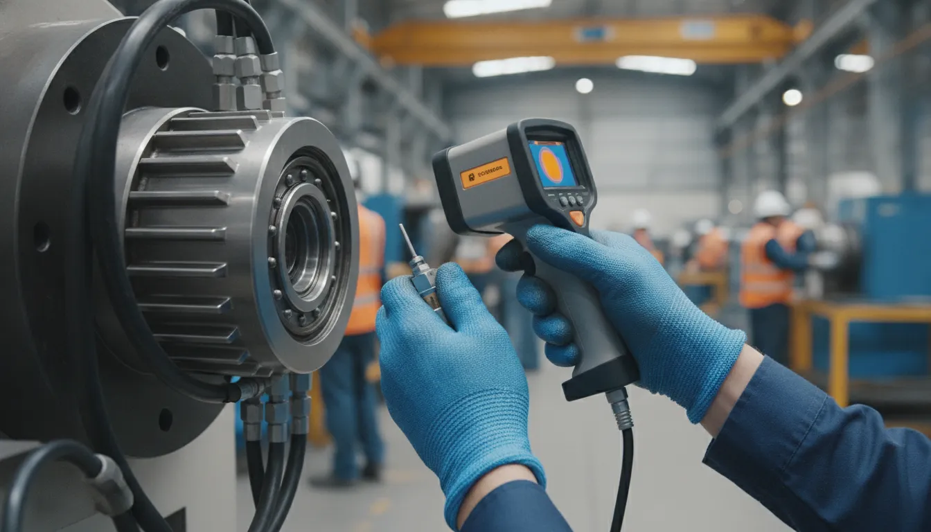 Mãos de técnico utilizando ferramenta diagnóstica em máquina industrial, detalhe essencial da manutenção preventiva.