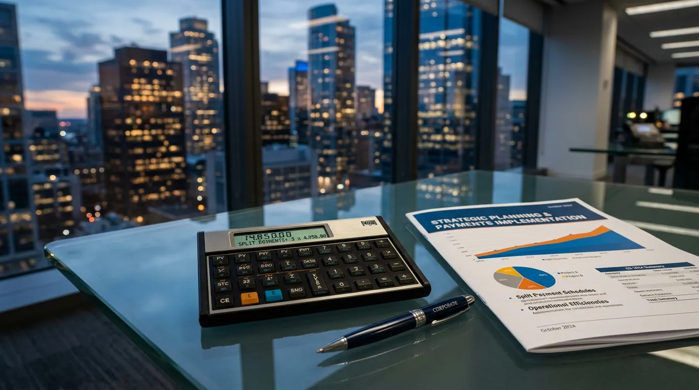 Calculadora e relatorios financeiros sobre mesa de vidro simbolizando o planejamento do split payment.