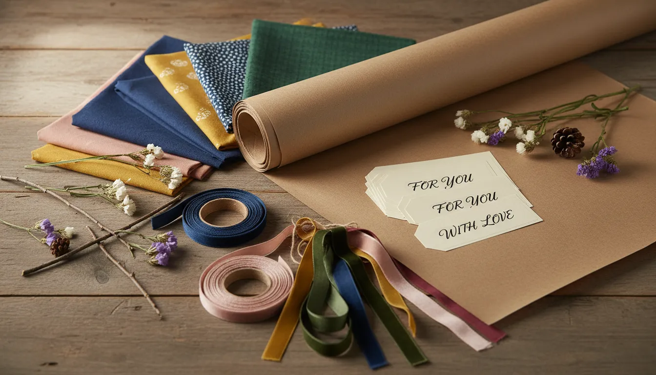 Materiais para embrulho de presentes como papéis, fitas, adesivos e flores dispostos artisticamente em um ambiente iluminado