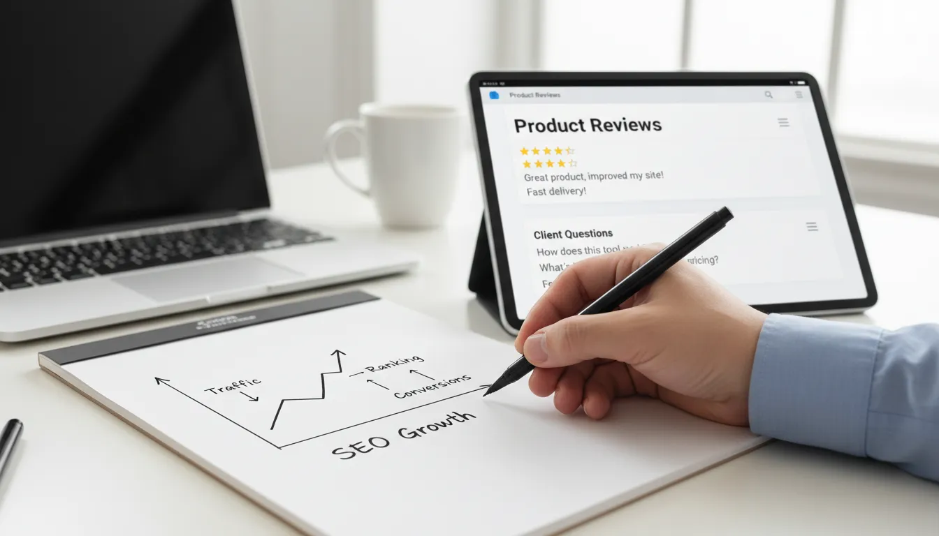 Roteiro de Conteúdo para Blog de Loja Virtual por 90 Dias 2 Detalhe do planejamento SEO e reviews em ambiente de trabalho digital.