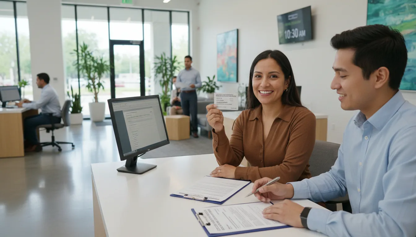 Persona utilizando su ITIN para abrir una cuenta bancaria en una sucursal estadounidense moderna.