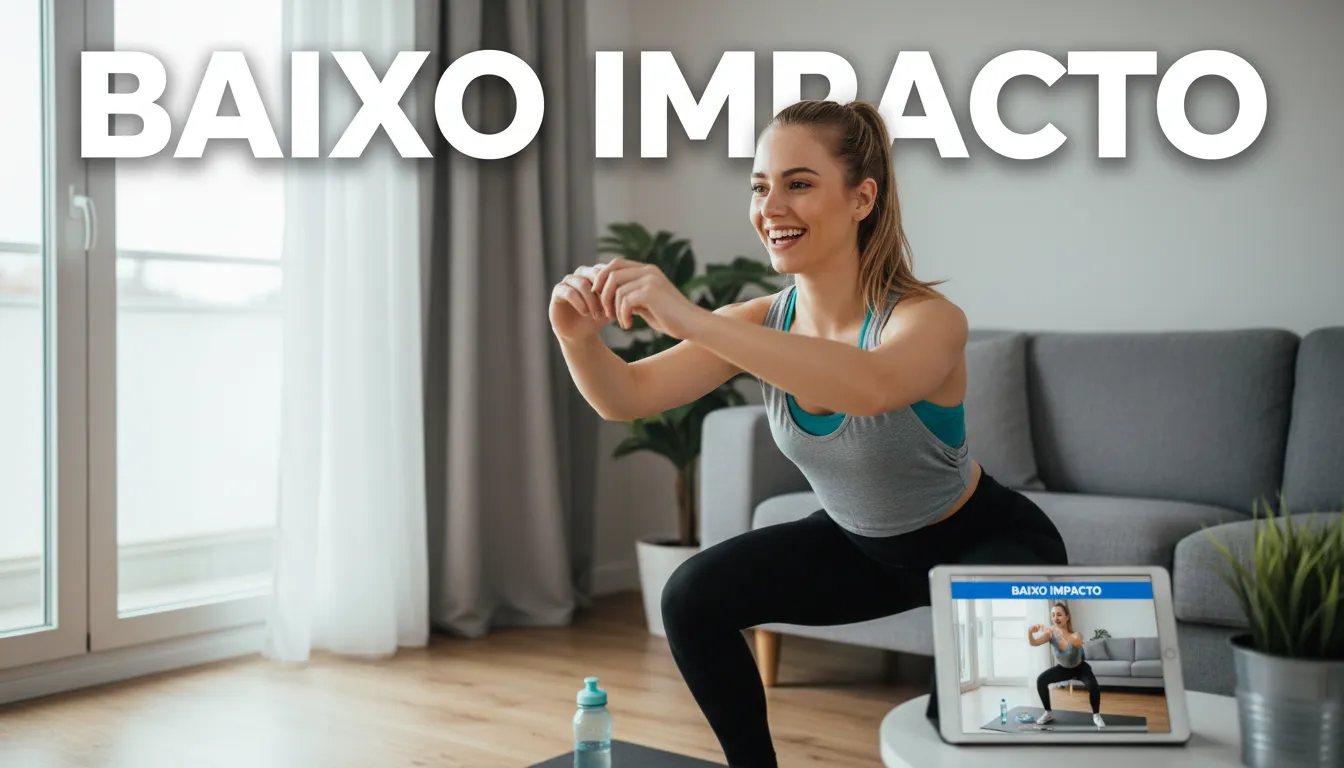 Jovem fazendo exercícios de baixo impacto em casa, seguindo aula online, focada em manter a forma física e a saúde. Veja no Move Saudável.
