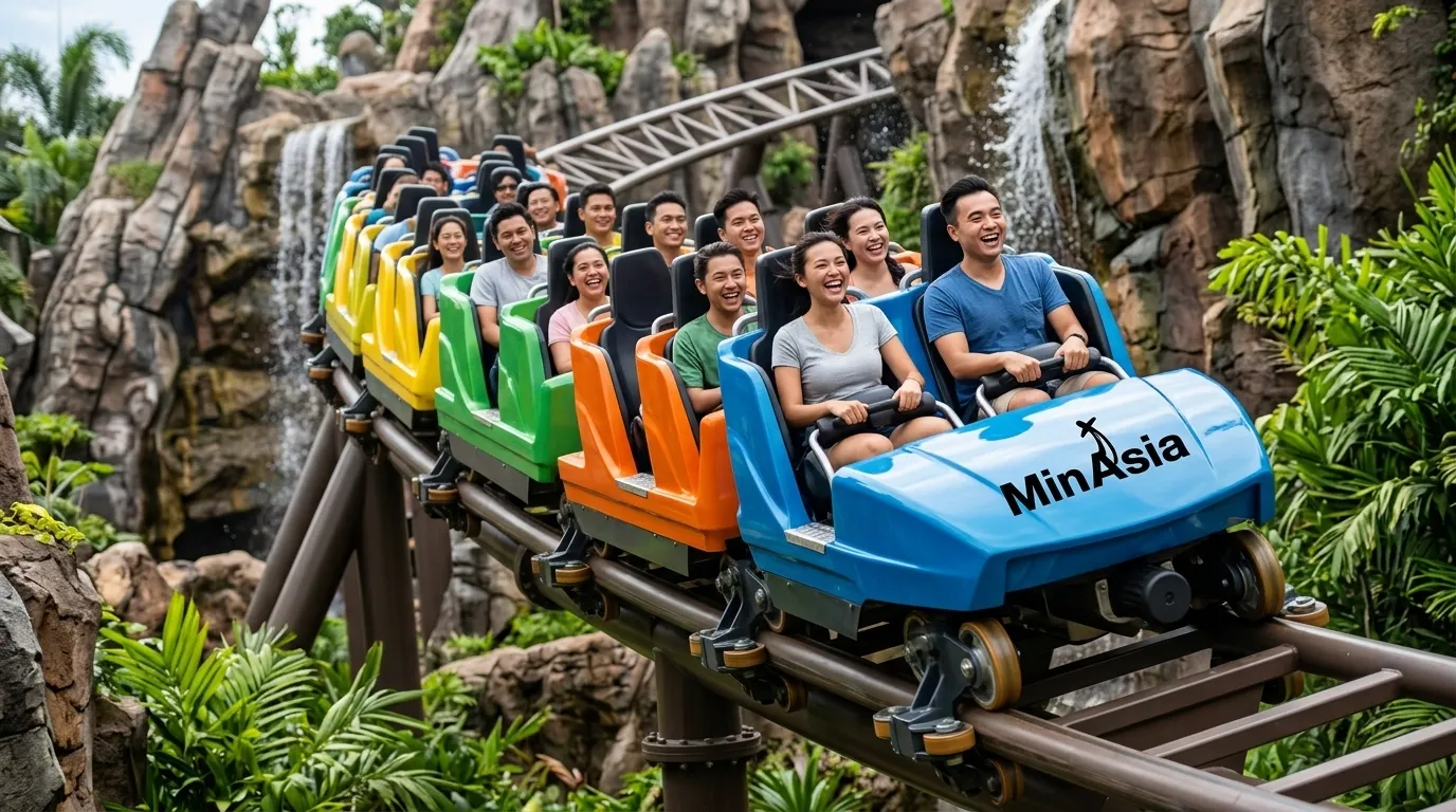 Montanha russa moderna em meio a vegetação tropical no parque hong kong disneyland.