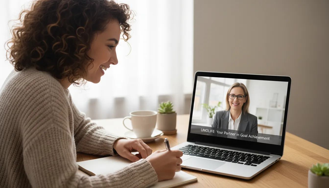 Mulher em atendimento online com especialista, enfatizando apoio profissional para alcançar metas pessoais.